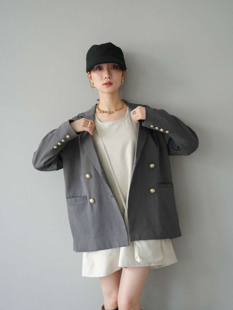 ルビアム ダブルテーラードジャケット 金ボタン ストレッチ バーズアイ グレー系 ルビアム ダブルテーラードジャケット 金ボタン ストレッチ バーズアイ