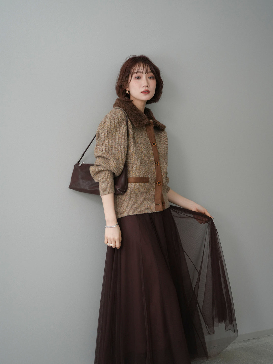 [SET]襟ボアミックスヤーンニットカーディガン+襟ボアミックスヤーンニットカーディガン(2set)