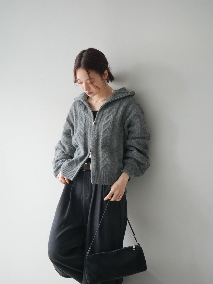 [SET]ケーブル編みハイネックZIPニットカーディガン+アニマル柄ベルト付きウールタッチワイドパンツ(2set)