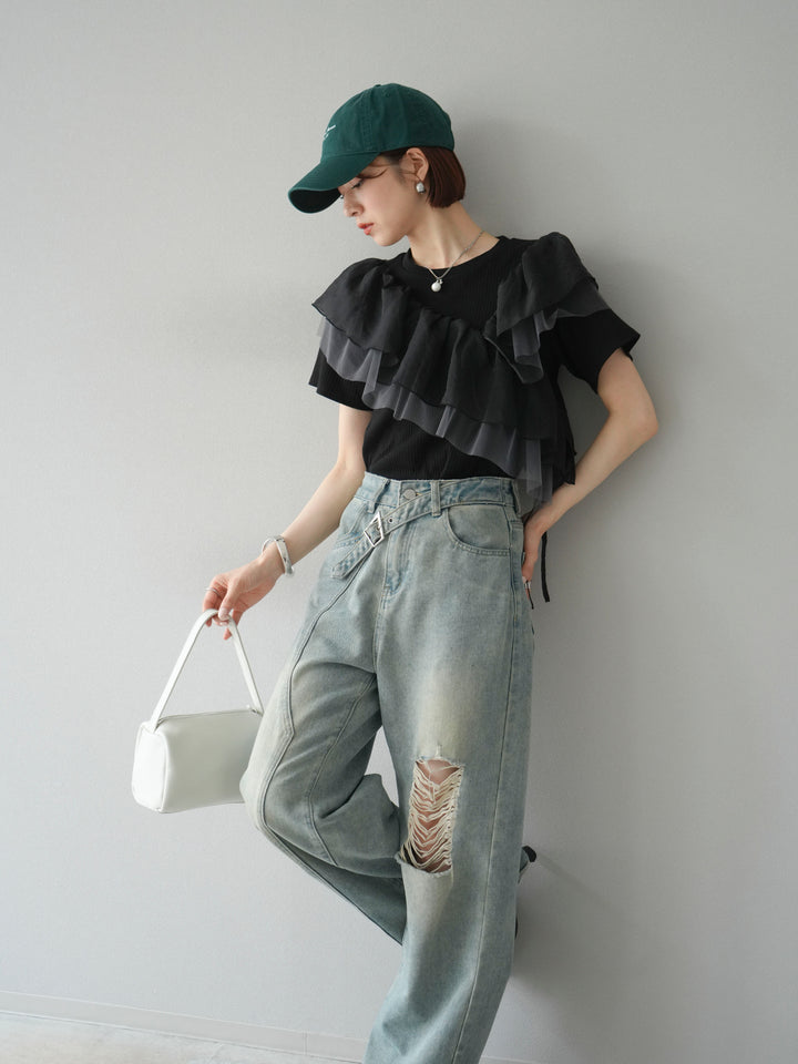 [予約]アシメフリルドッキングカットソー/ブラック