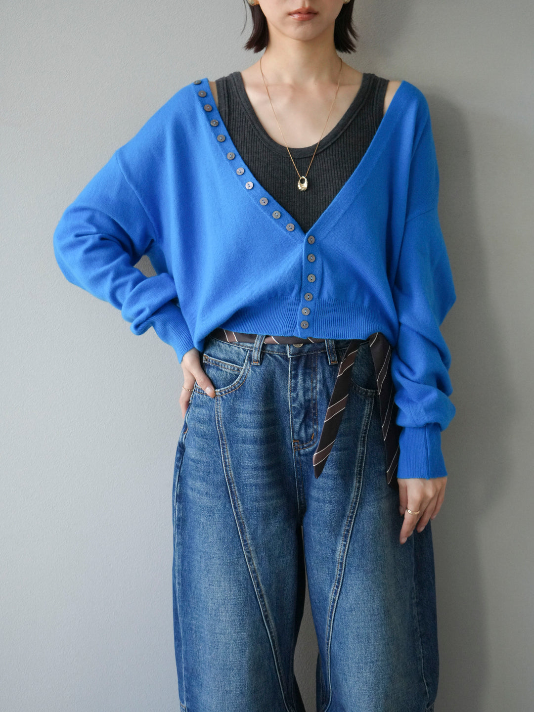 [予約]デザインボタンニットカーディガン＆タンクトップSET/ブルー