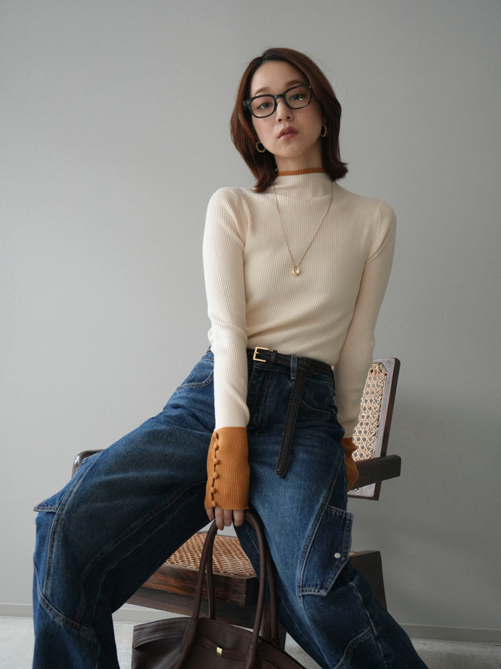 [予約]袖ボタンハイネック配色リブニットトップス/ivory