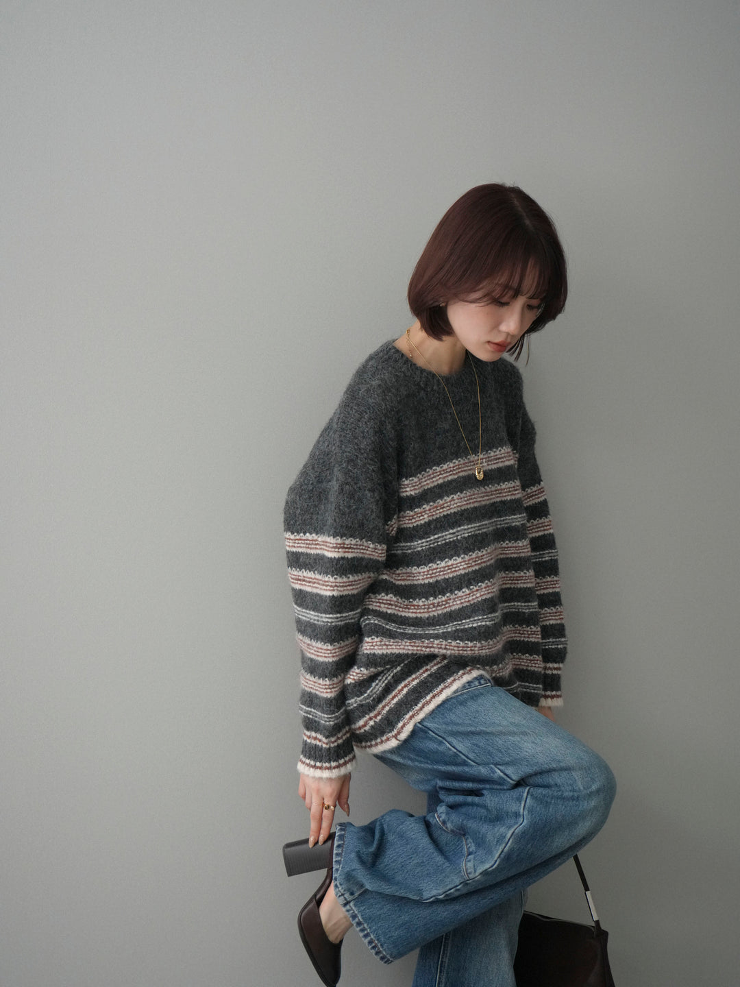 [予約]ステッチボーダーニットプルオーバー/gray