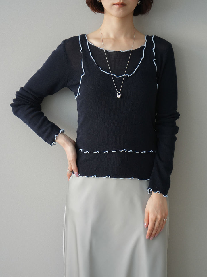 [SET]バイカラーメローアンサンブルシアーニットトップス+センターシームフレアパンツ(2set)