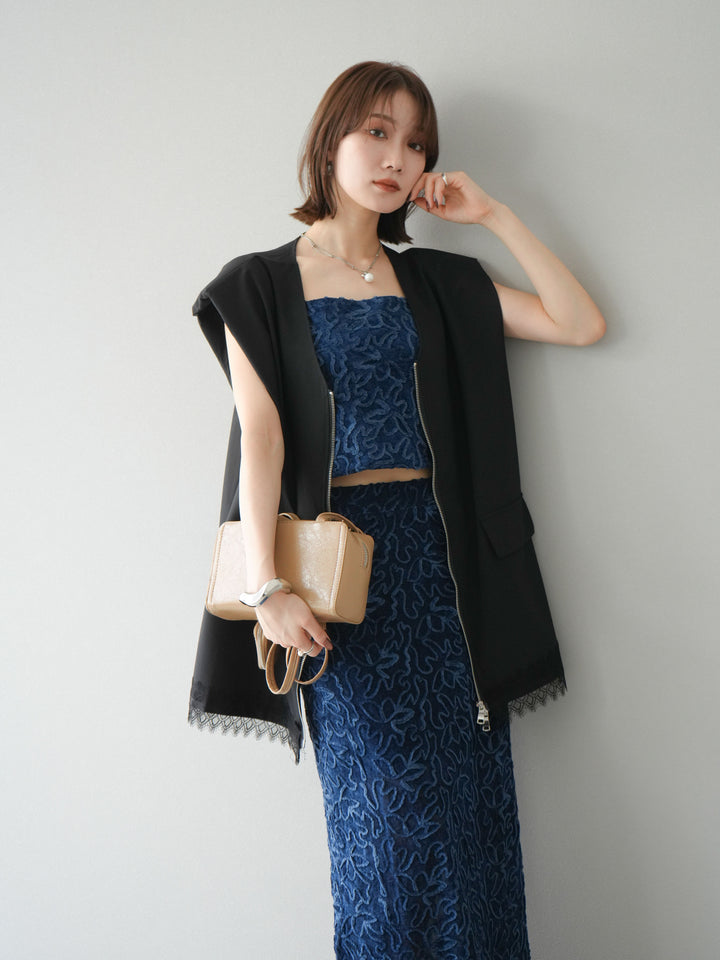 [預購] 雙拉鍊蕾絲下擺背心/黑色