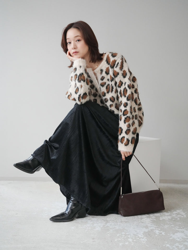 [SET]モヘアタッチレオパード柄ニットカーディガン+ワッシャーベロアプリーツスカート(2set)