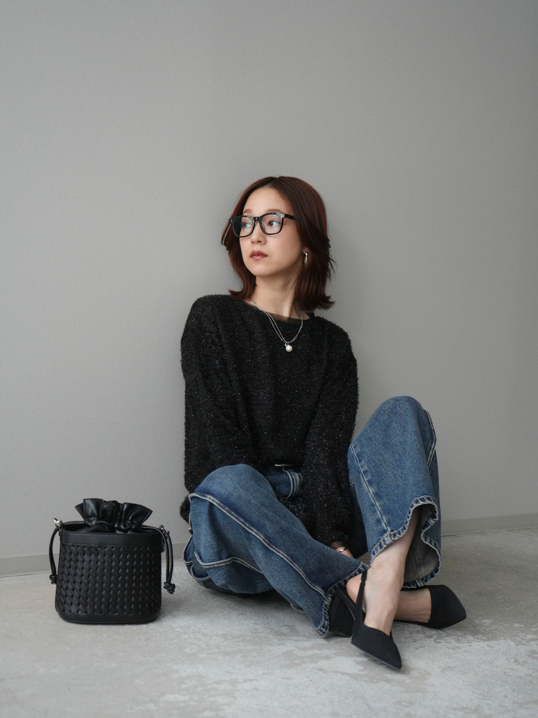 [SET]ラメシャギートップス+サイド切替カーブデニムパンツ(2set)