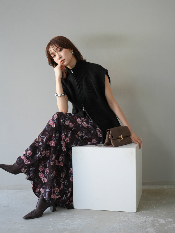 [予約]ダブルZIPハイネック畦編みニットベスト/ブラック