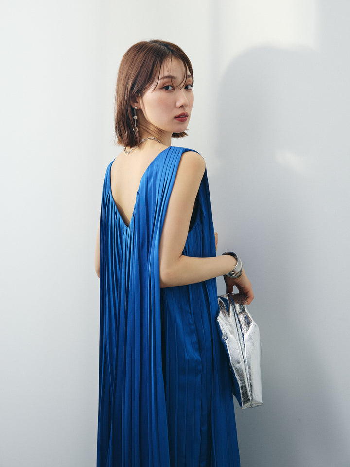 [予約]サテンプリーツVネックワンピース/ブルー