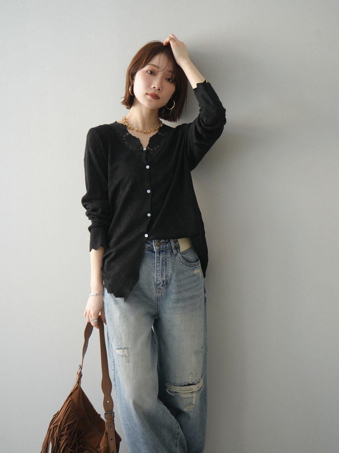 [SET]レースネックジャガードニットカーディガン+ダメージデニムセミワイドパンツ(2set)