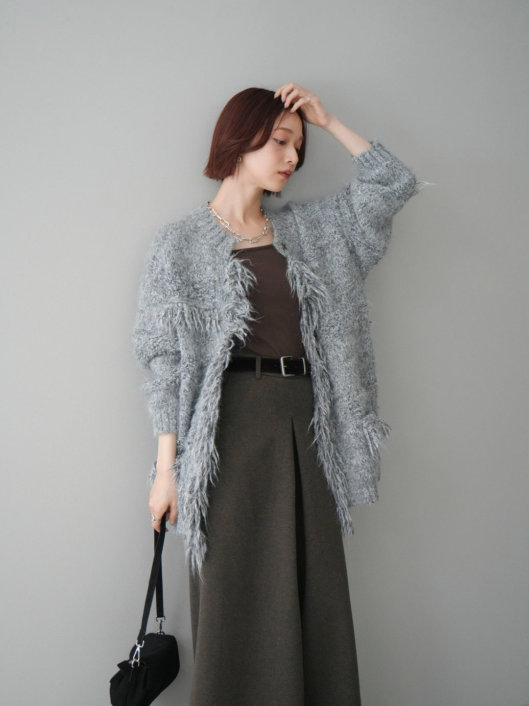 [SET]ミックスヤーンフリンジデザインニットジャケット+ストーンフォークリング(2set)