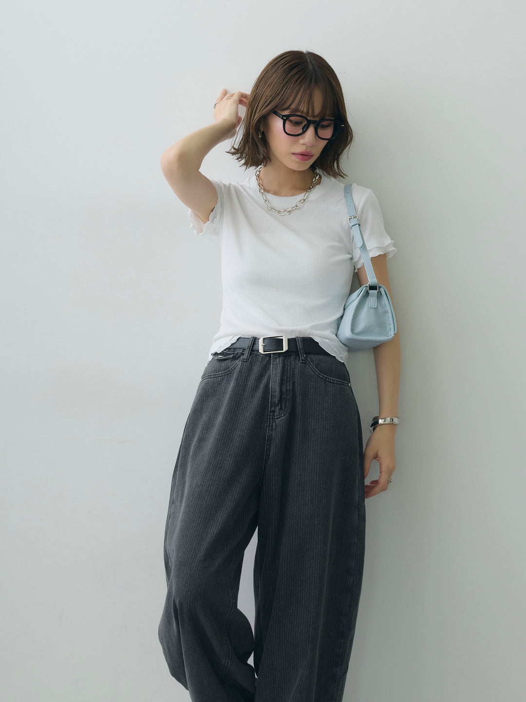 [SET]メロートリムレイヤードTEE+ニュアンスウォッシュカーブデニム(2set)
