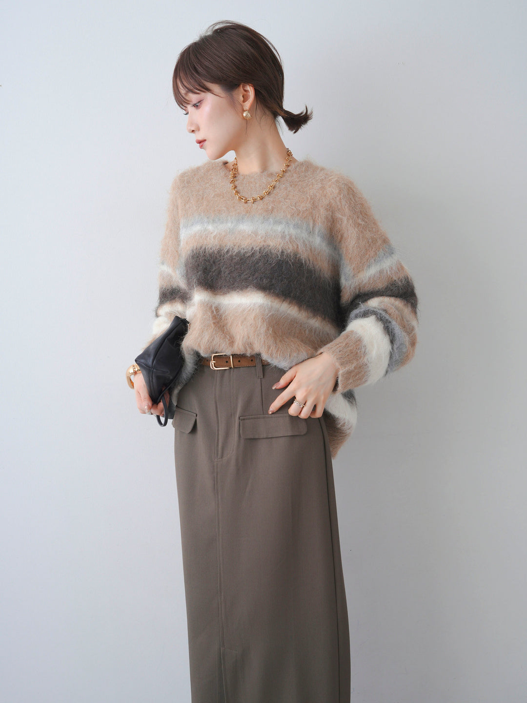 [予約]カラフルボーダーシャギーニットプルオーバー/beige