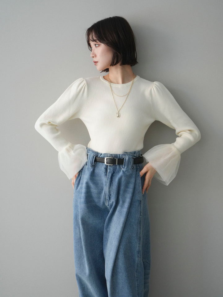 [SET]袖チュールパワショルリブニットトップス+袖チュールパワショルリブニットトップス(2set)