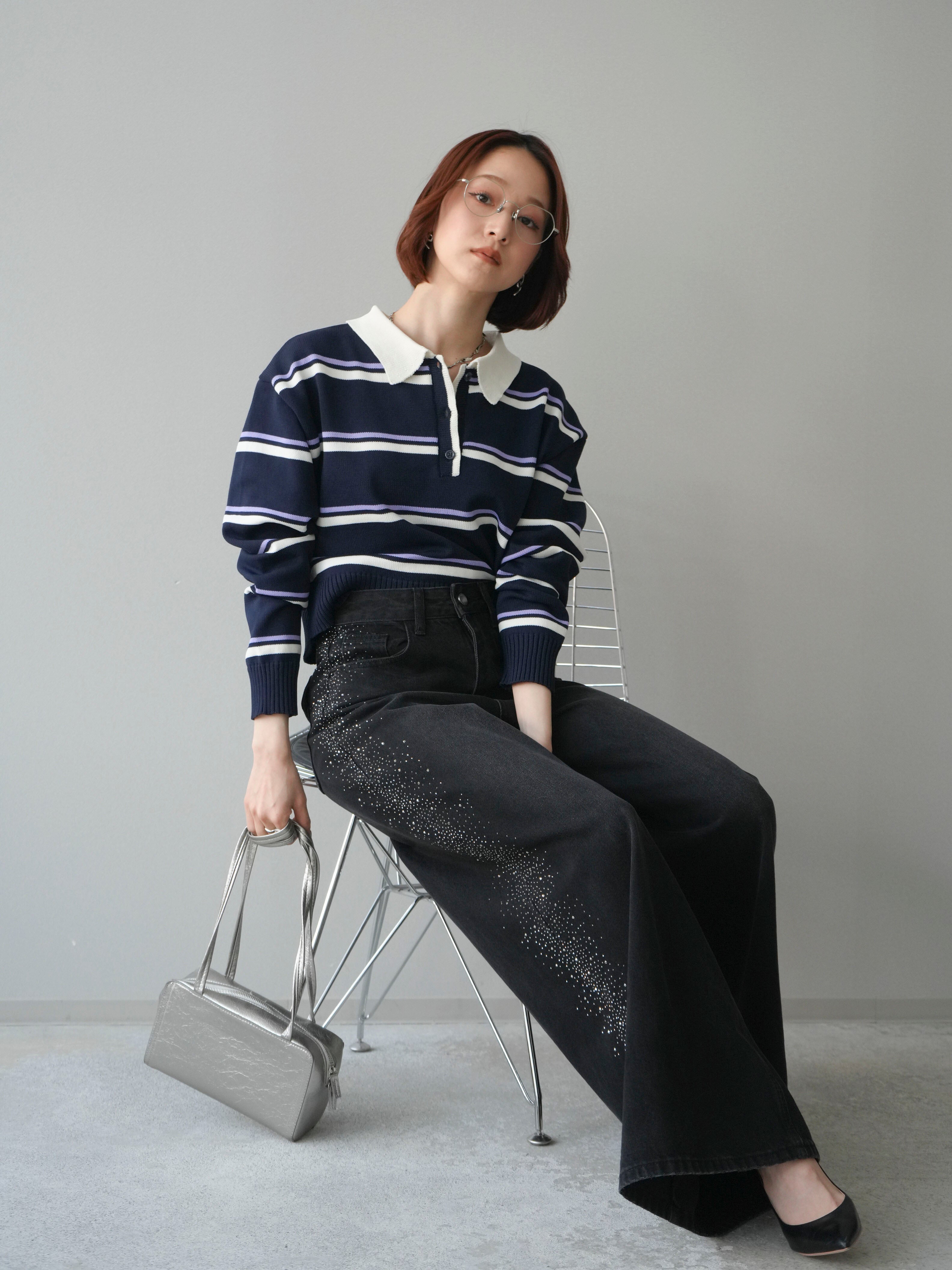 予約]マルチボーダーポロニットトップス/navy – Lumier