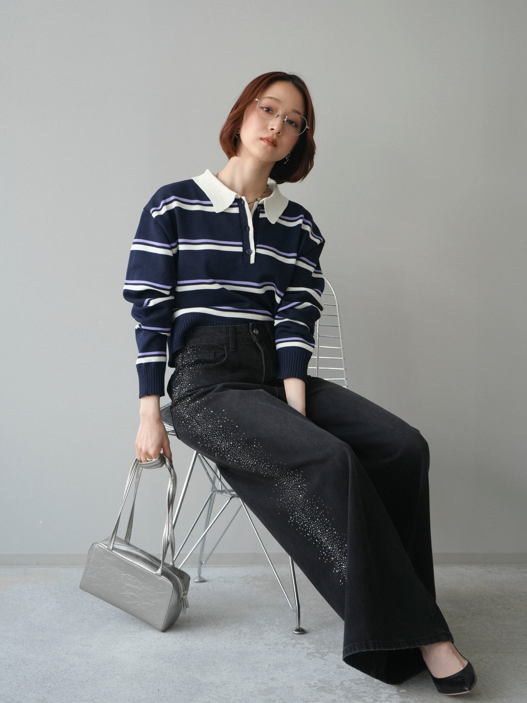 [予約]マルチボーダーポロニットトップス/navy