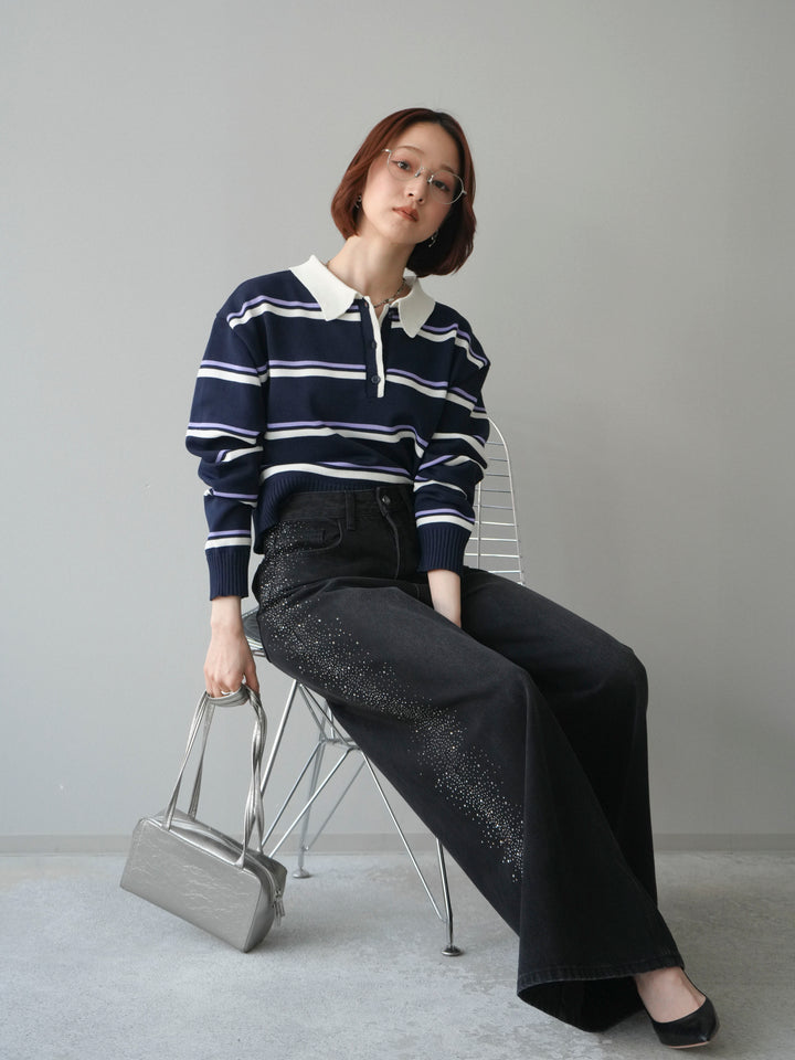[予約]マルチボーダーポロニットトップス/navy