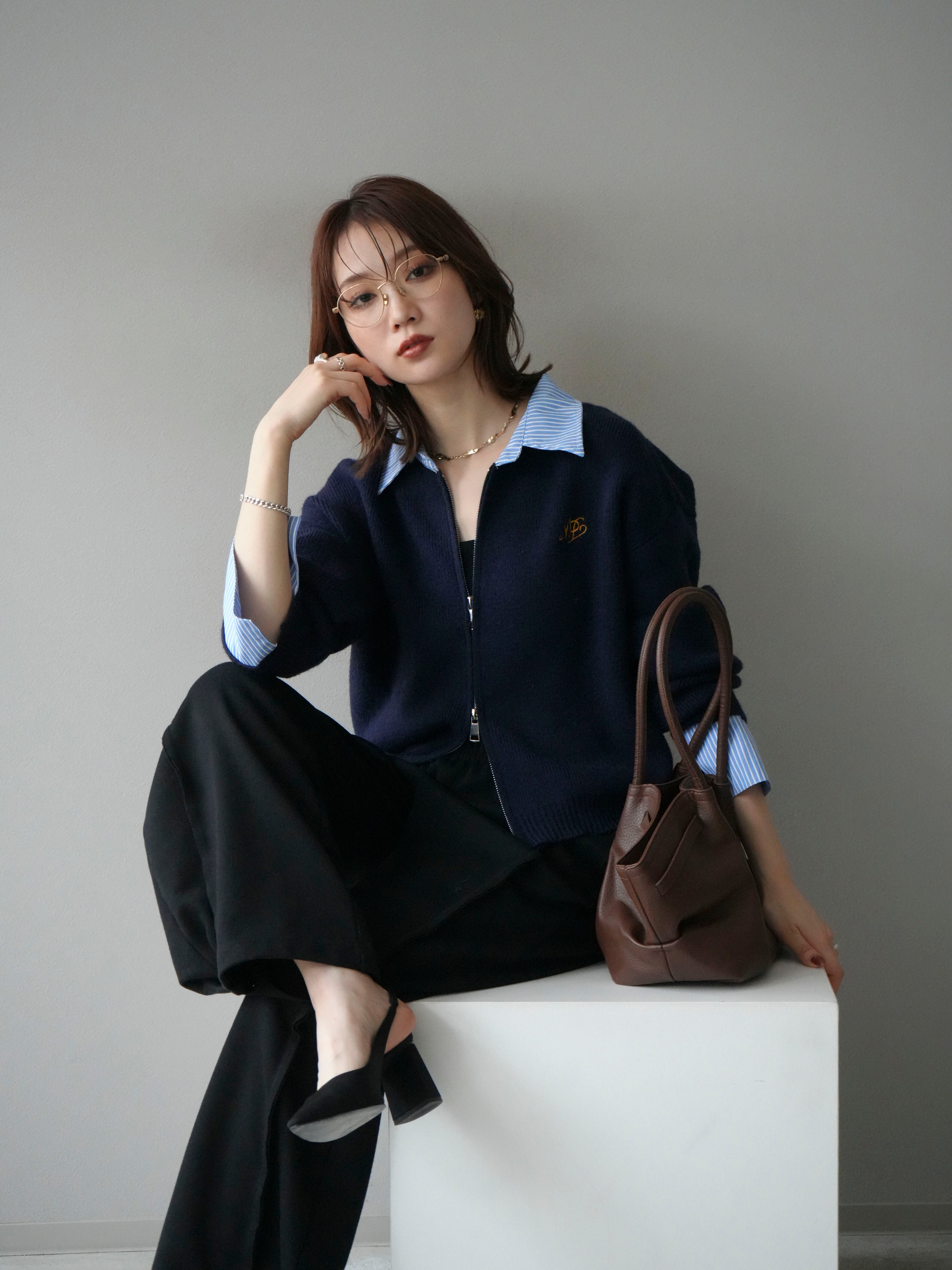 予約]ストライプシャツレイヤードZIPニットカーディガン/navy – Lumier