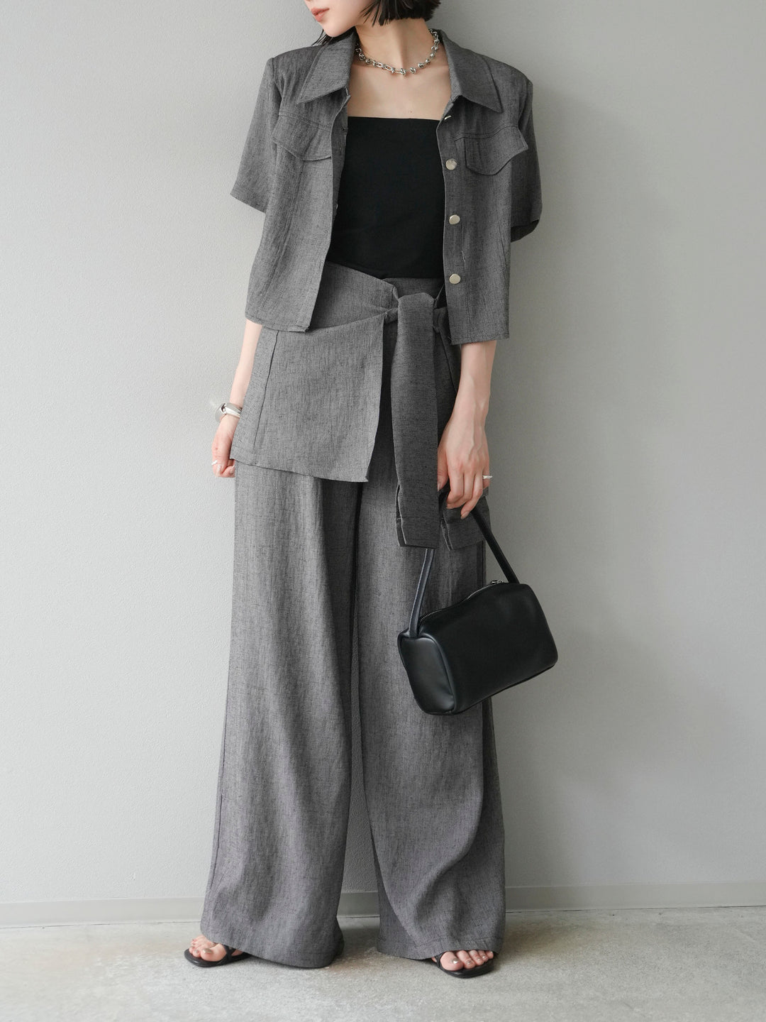 [SET]リネンタッチハーフシャツ＆ラップワイドパンツSET UP(2set)