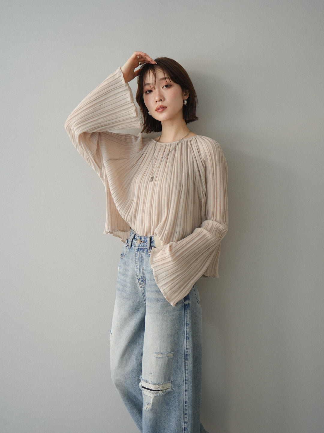 [予約]プリーツシアーフレアスリーブニットトップス/beige