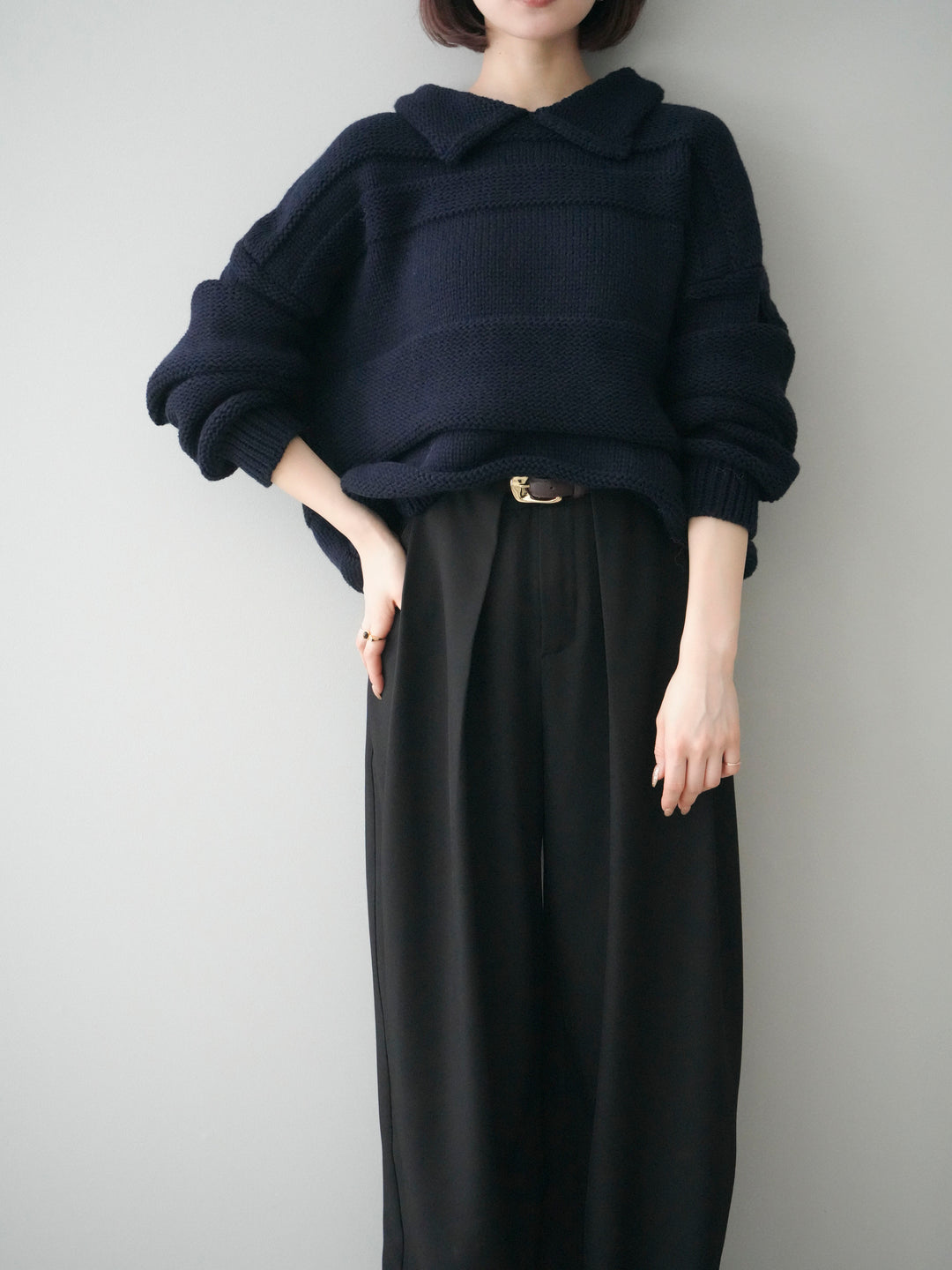 [予約]襟付きボーダー編みニットプルオーバー/navy