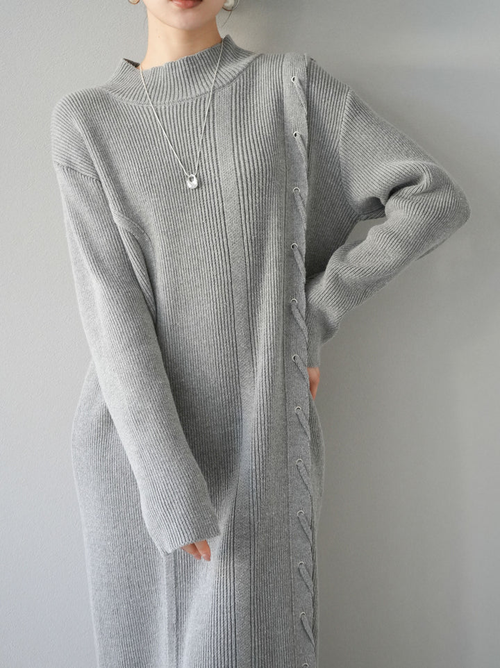 [SET] 不對稱繫帶高領針織連身裙 + 可選飾品套裝 (2套)