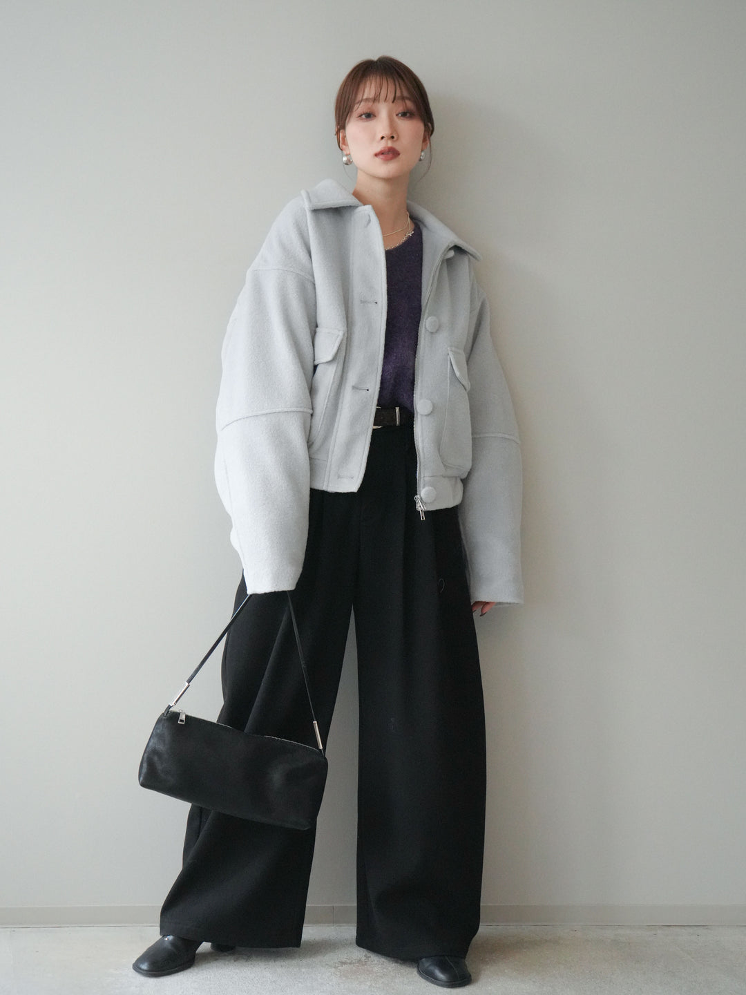 [SET]ウールライクフライトジャケット+シュシュ付きアンゴラタッチVネックニットプルオーバー+アニマル柄ベルト付きウールタッチワイドパンツ(3set)