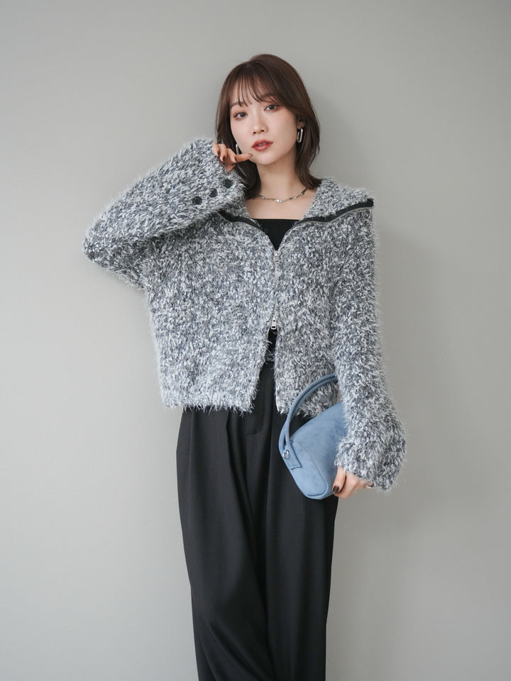 [予約]ミックスシャギージップニットカーディガン/black