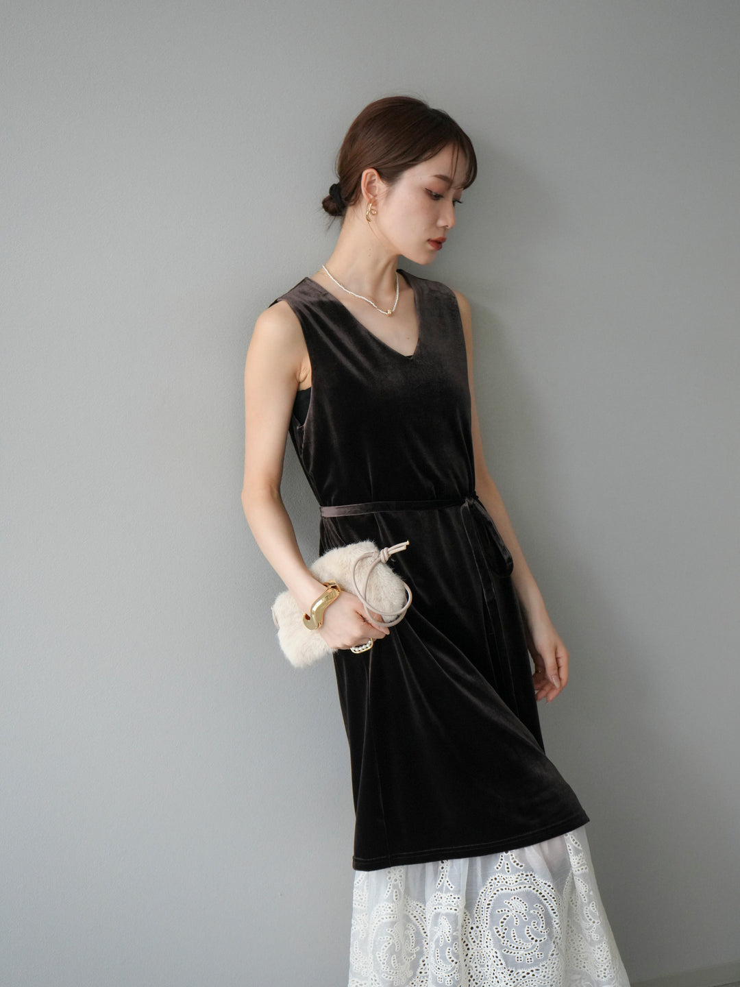 [予約]裾コットンレースベロアワンピース/ブラウン