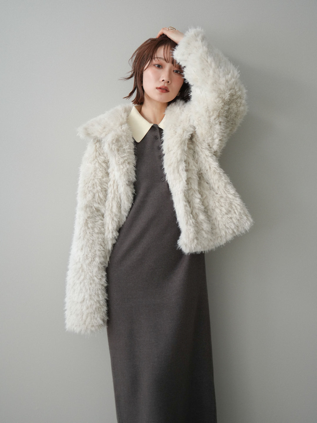 [予約]配色ポロニットワンピース/charcoal