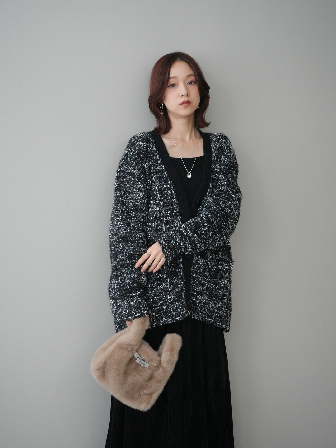 [SET]モールネップニットカーディガン+ベロアティアードワッシャースカート(2set)