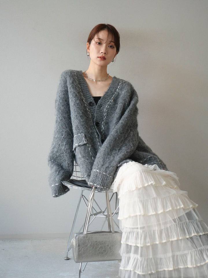 [予約]ステッチVネックニットカーディガン/グレー