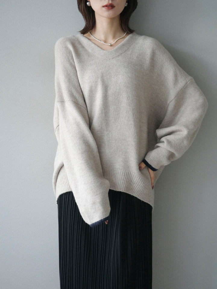 [SET]Vネック配色スリーブニットプルオーバー+選べるアクセセット(2set)