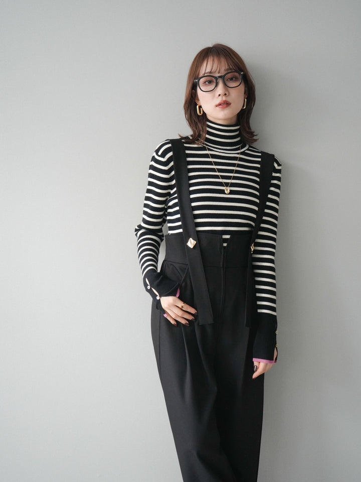 [予約]袖配色ハイネックボーダーリブニットトップス/blackborderpink