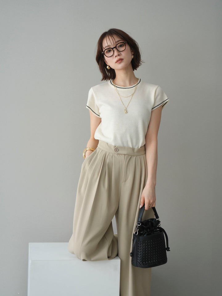 [SET]配色ハーフスリーブニットトップス+メニータックワイドパンツ(2set)