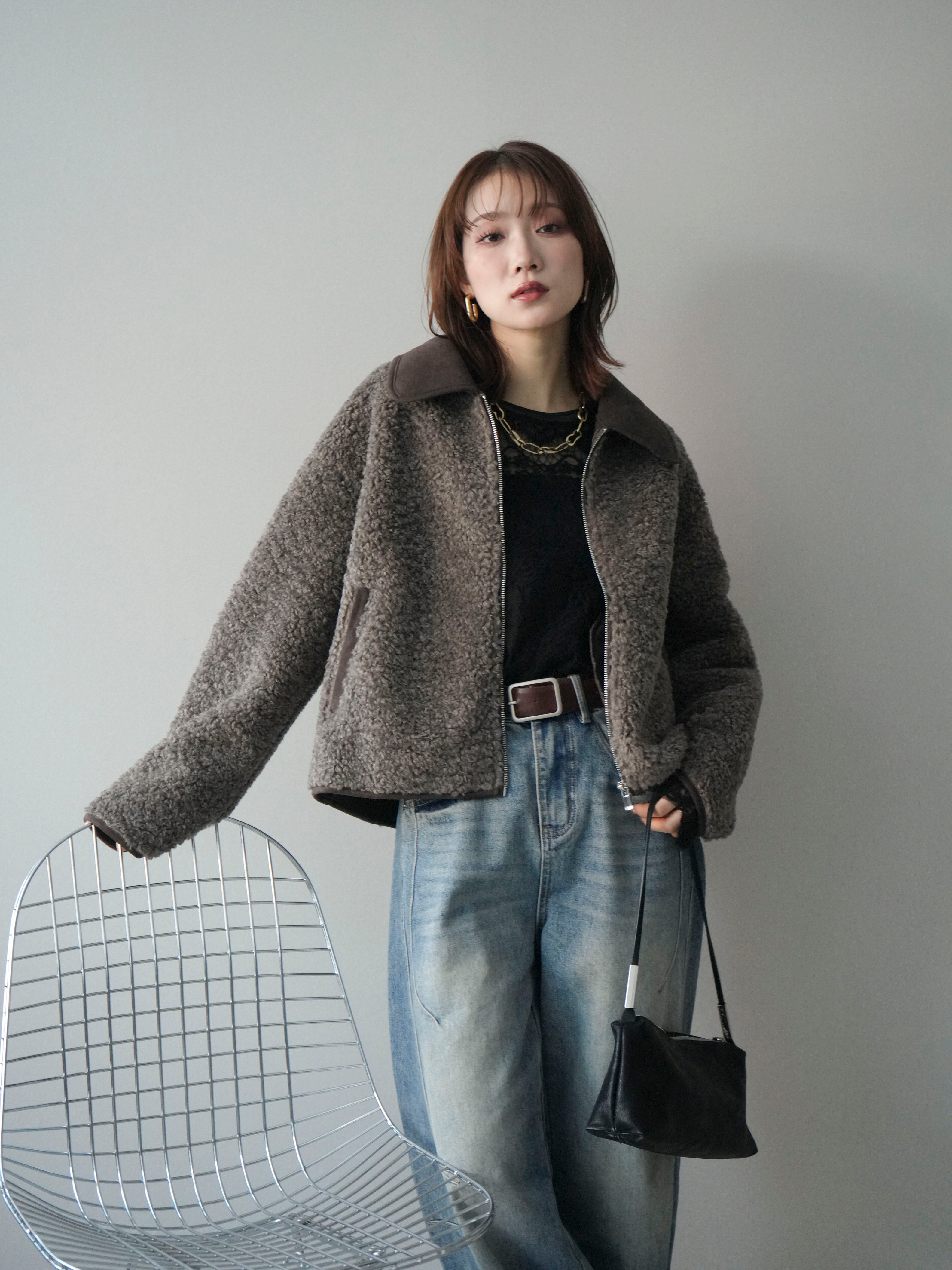 SET]スエード襟ボアショートジャケット+チュールレーストップス(2set