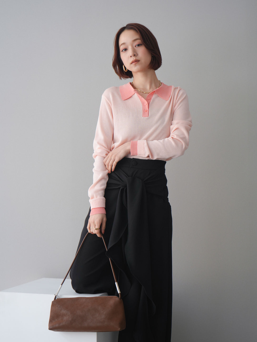 [SET]配色デザインシアーポロニット+ラッフルベルトワイドパンツ(2set)