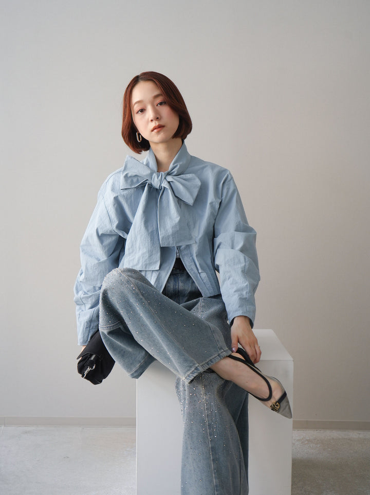 [SET]ボウタイ裾プリーツライトジャケット+フロントビジューカーブデニムパンツ(2set)