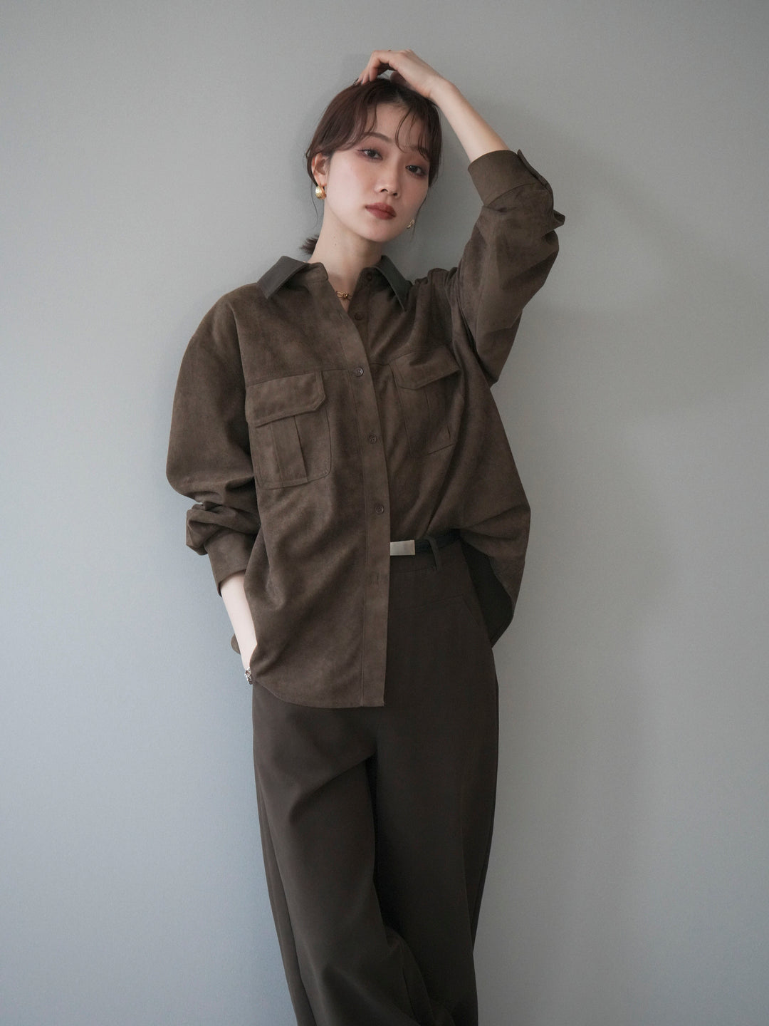 [予約]レザー襟スエードシャツ/khaki