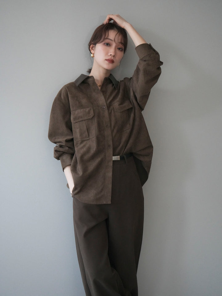[予約]レザー襟スエードシャツ/khaki