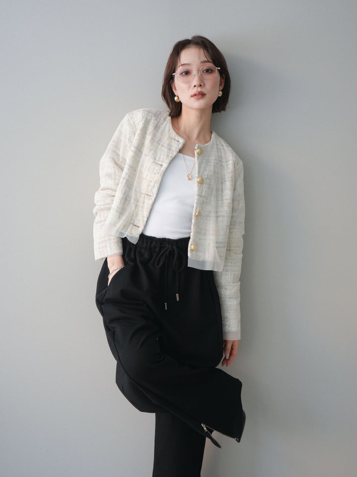 [予約]チュールレイヤードツイードクロップドジャケット/pink