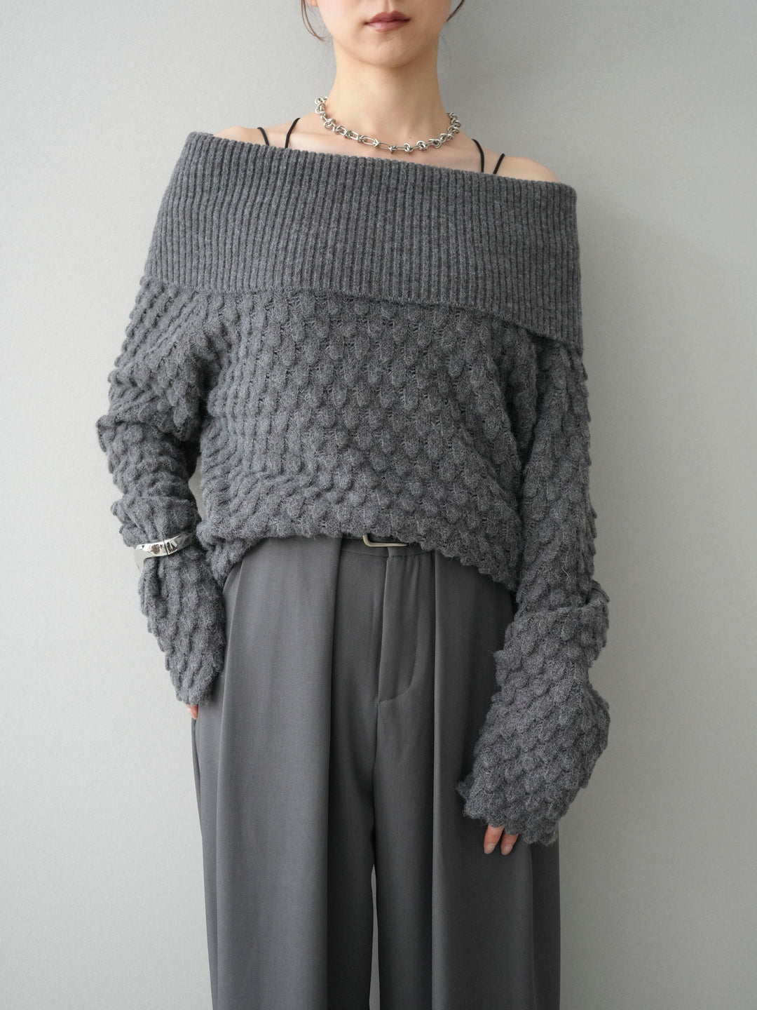 [SET]ポコポコ編みオフショルニットプルオーバー+ベルトループデザインワイドパンツ(2set)