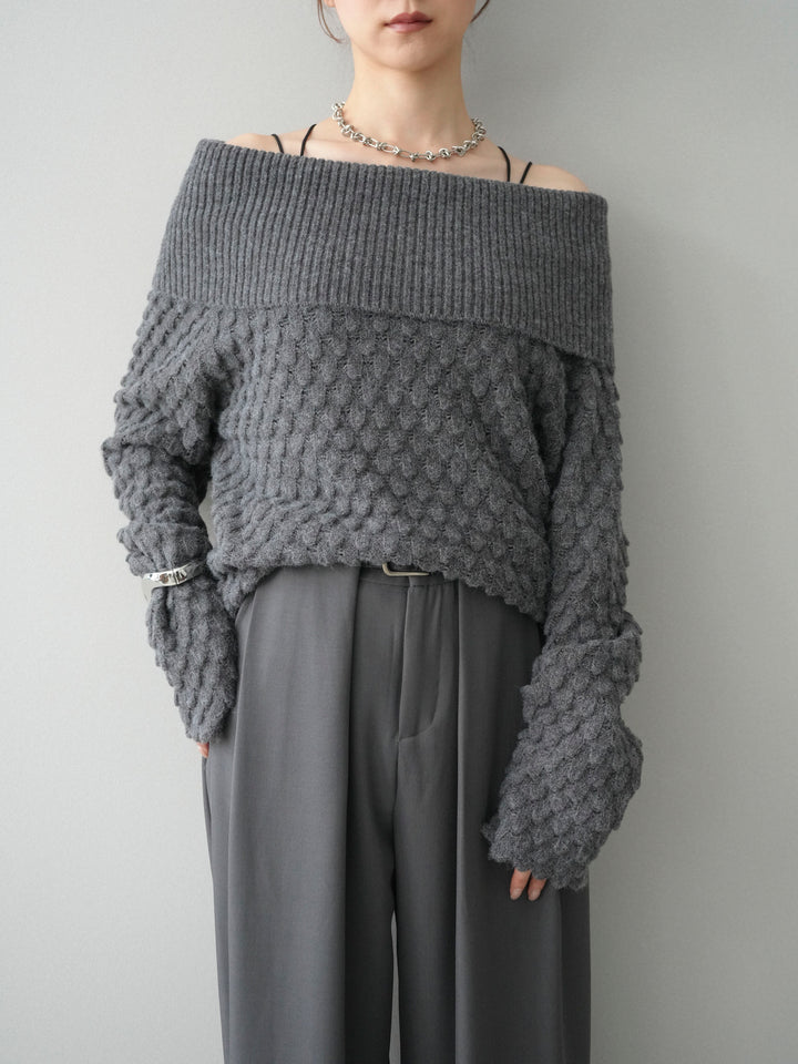 [SET]ポコポコ編みオフショルニットプルオーバー+ベルトループデザインワイドパンツ(2set)