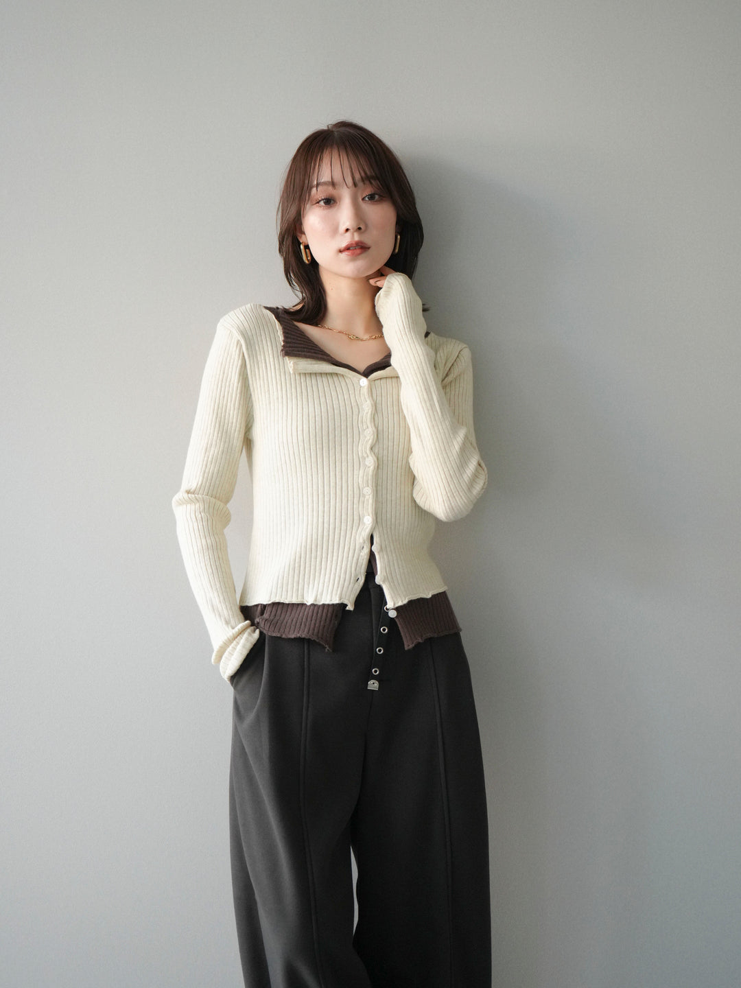 [予約]配色レイヤードリブニットカーディガン/ivory