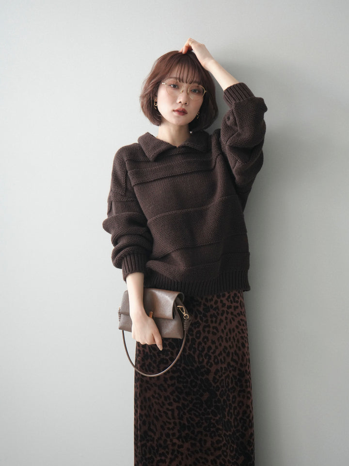 [SET]襟付きボーダー編みニットプルオーバー+レオパードベロアナロースカート(2set)
