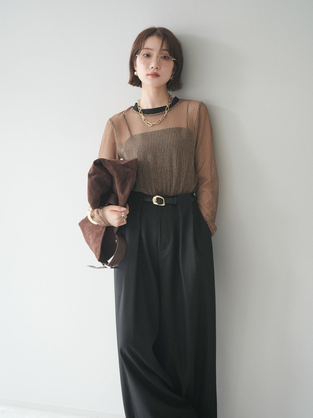 [SET]シアーストライプメッシュトップス+ドレープタックベルトループパンツ(2set)