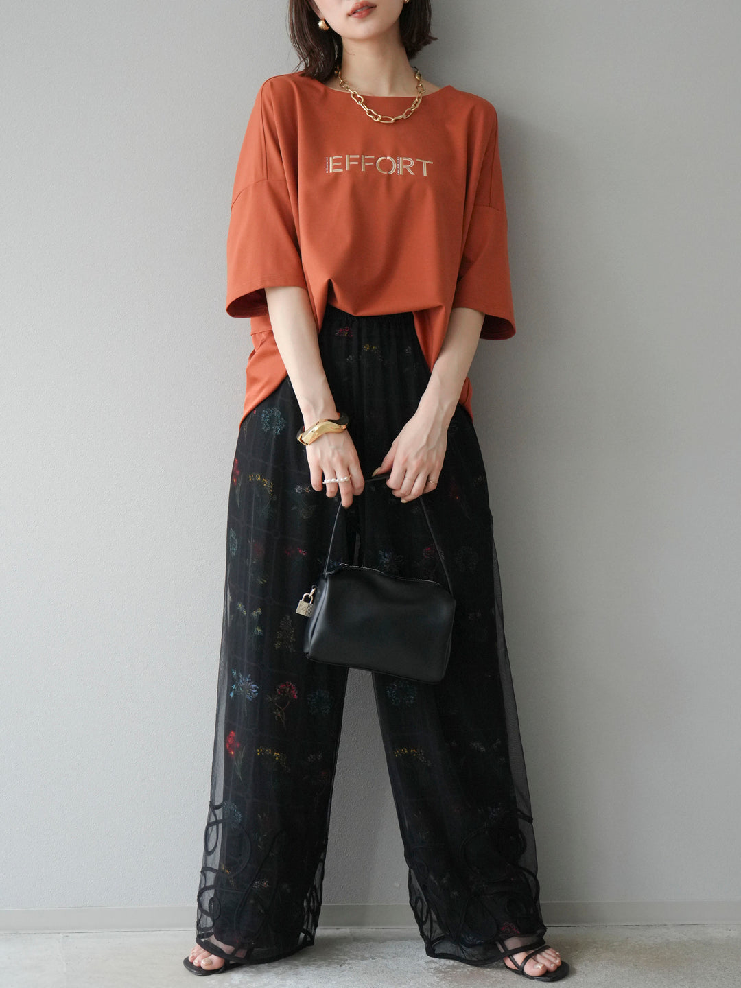 [予約]異素材メタリックロゴ刺繍×プリントTシャツ/オレンジ