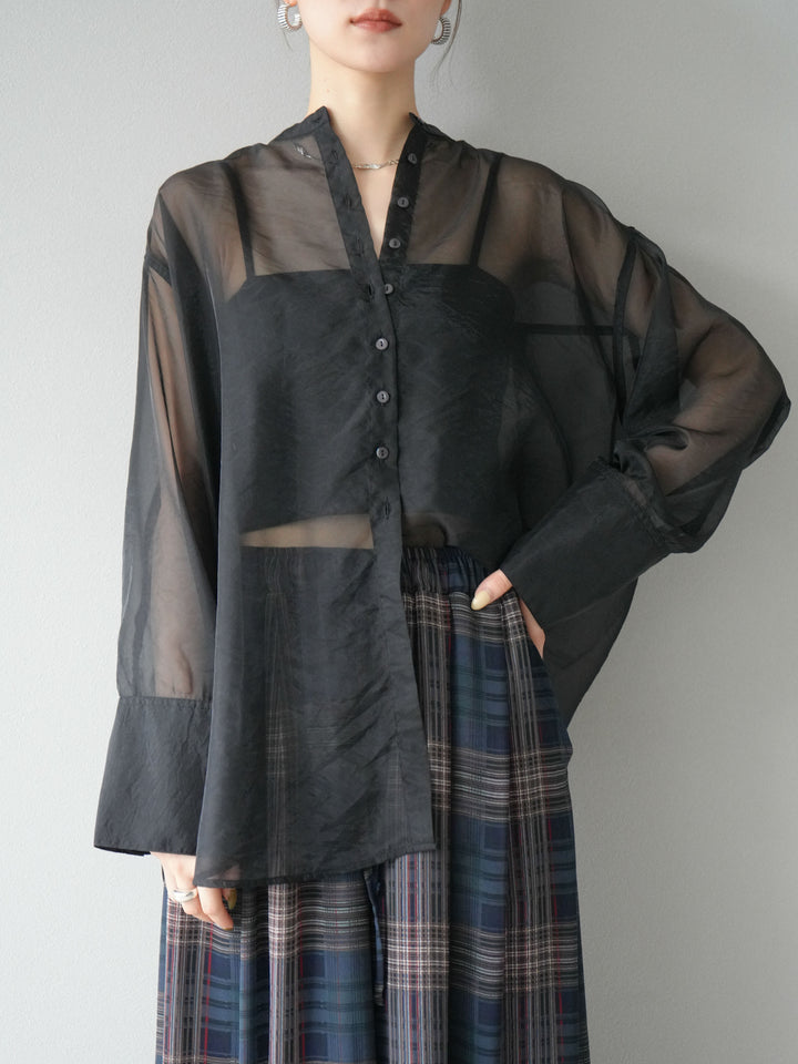 [SET] 亮面透視立領襯衫 + 透視格紋寬鬆褲 (2 件套)