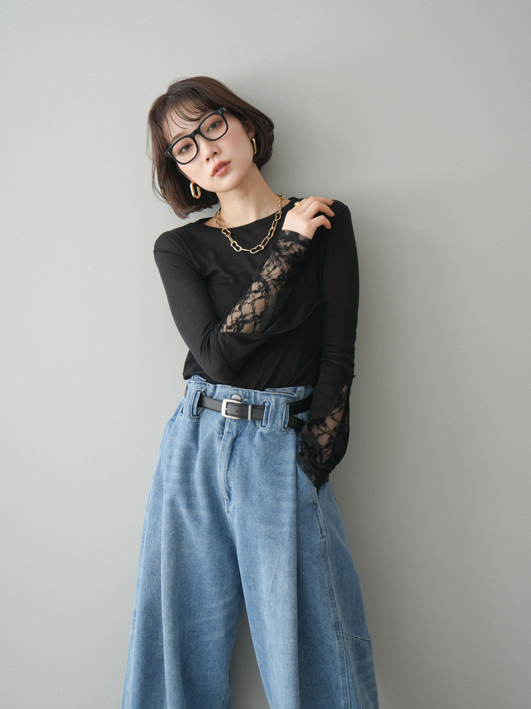 [SET]袖レースレイヤードデザインメロートップス+選べるアクセセット(2set)