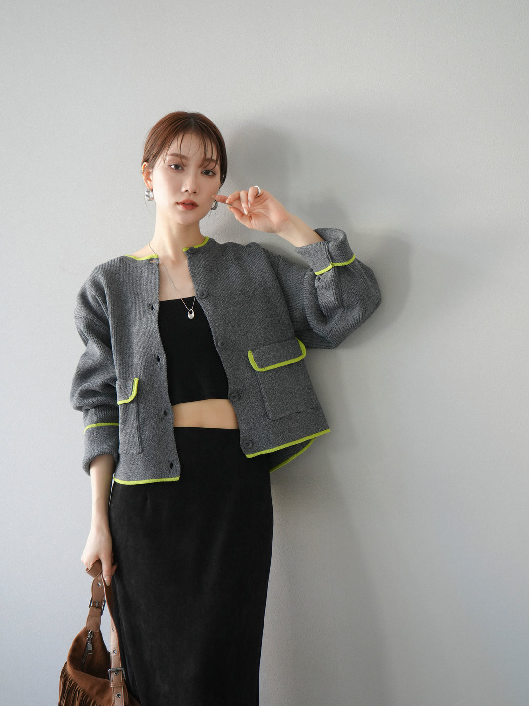 [予約]ポリエステル配色クルーネックカーディガン/チャコール